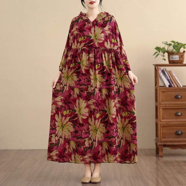 Nuovo Abito Maxi Floreale Vintage Donna Taglie Forti Oversize Ampio Con Cappuccio Manica Lunga Primavera Estate Abito Lungo Basic