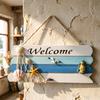 Beach Welcome Sign for Front Door Summer Ocean Wood Plaque Rustic Door Hanger with Starfish Shells for Farmhouse Outdoor Porch Decor