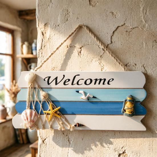 Beach Welcome Sign for Front Door Summer Ocean Wood Plaque Rustic Door Hanger with Starfish Shells for Farmhouse Outdoor Porch Decor