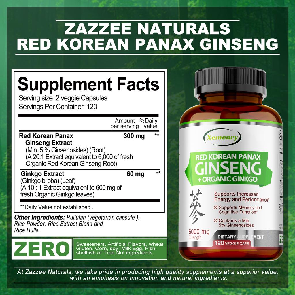 XEMENRY Bio-Roten Ginseng, mit Ginkgo-Biloba-Extrakt, 6000 mg pro Portion, 120 Kapseln pro Packung, für Erwachsene geeignet.
