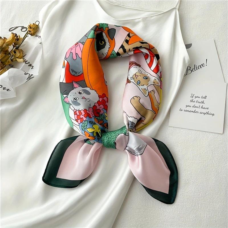 Women's Korean Style Retro Printed Imitation Silk Scarf for Professional and Casual Use