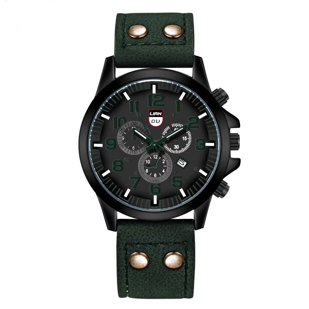 Fashion Men's Sports Watches Casual Leather Strap Quartz Watch Male Military Calendar Wristwatch
