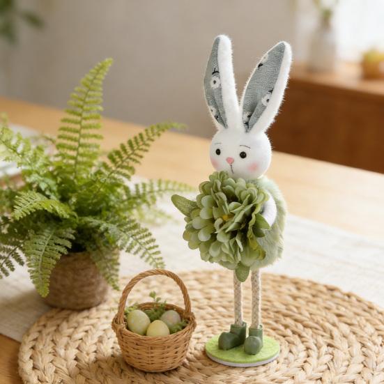 Easter Standing Bunny Doll Cute Fabric Rabbit Figurine with Artificial Flower for Spring Home Shelf Table Decor