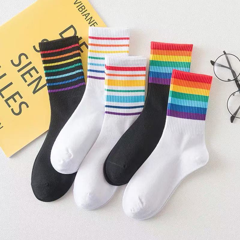 5 Pairs of Women's Rainbow Striped Socks, Fashionable, Comfortable, Soft, Breathable, Cute Candy Colored Mid Tube Couple Socks