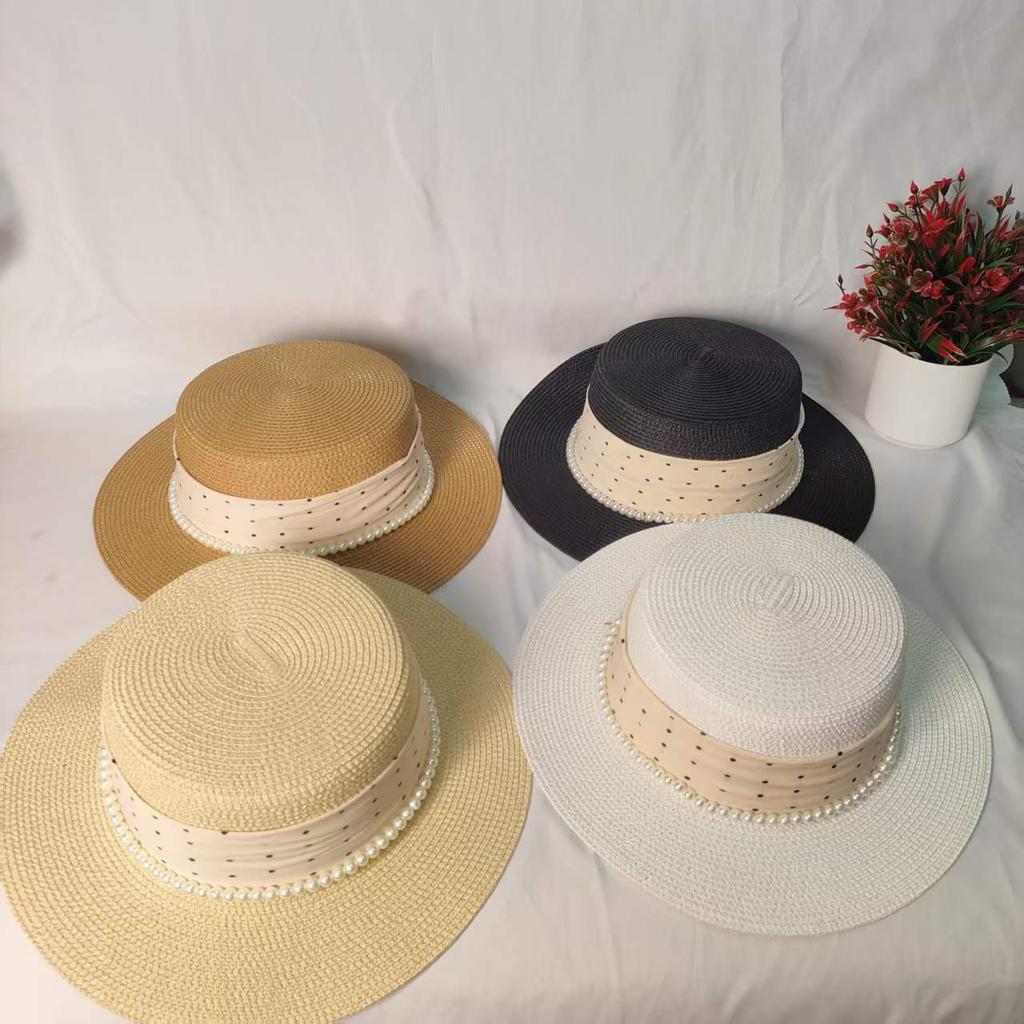 Summer Women's Seaside Vacation Pearl Flat Top French Straw Hat Idyllic Literary and Retro Versatile Loli Sun Hat Top Hat