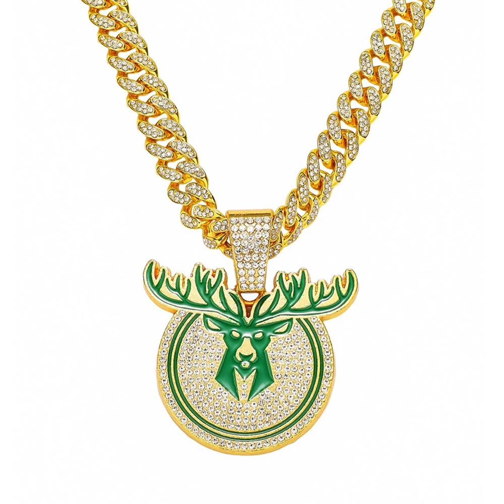 Hip Hop Deer Head Pendant Necklace,with 13mm Crystal Cuban Chain HipHop Iced Out Bling Necklaces Men Women Animal Amulet Jewelry