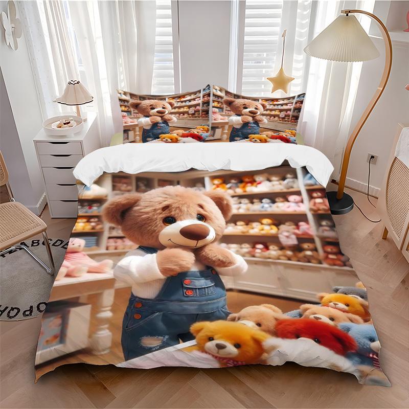 3pcs Teddy Bear Bedding Set - Includes One Quilt Cover and Two Pillowcases (No Core) - Anime Cartoon Design, Polyester Fabric, Suitable for