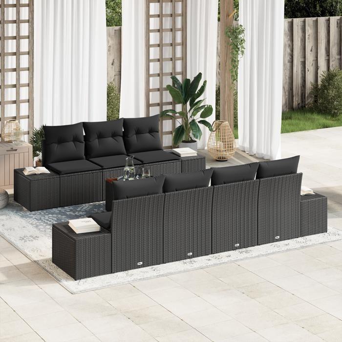VidaXL Set de Canapé de Jardin 8 Pièces avec Coussins Noir Poly Rotin Acacia 3356588