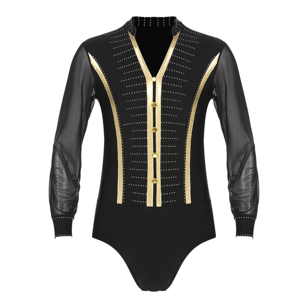 Pánské třpytivé taneční košile s kamínky Unitard taneční oblečení moderní latina s dlouhým rukávem