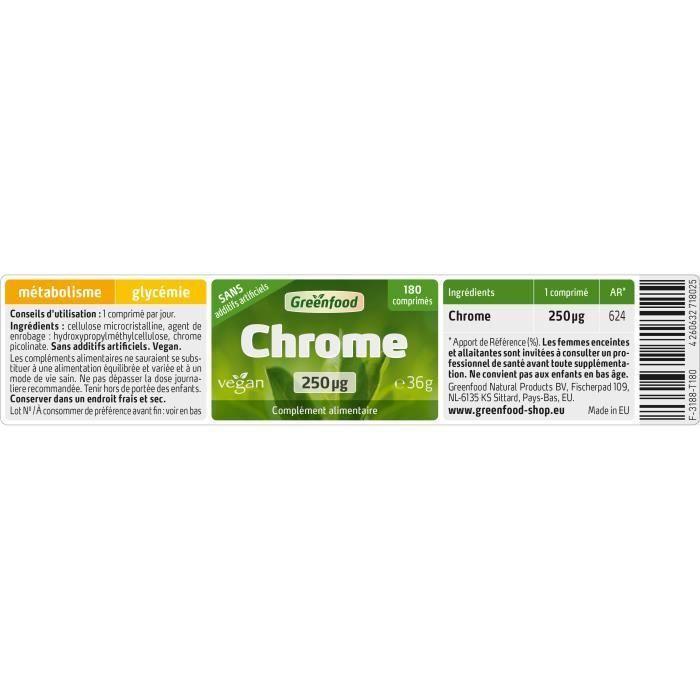 Greenfood chrome, 250 mcg, dose élevée, 180 comprimés, vegan- pour un métabolisme des macronutriments normal.