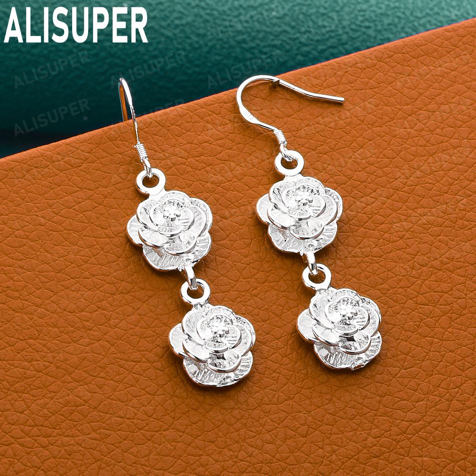 925 Sterling Silver Double-Layer 3D Rose Earrings - Fashionable Banquet Jewelry