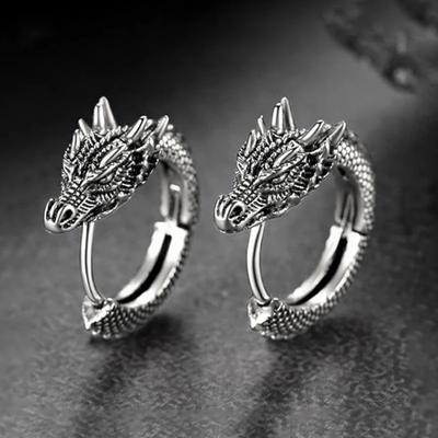Boucles d'oreilles créoles Dragon Chinois Personnalité Huitan pour Femmes/Hommes Couleur Métal Antique Hip Hop Cool Guys Boucles d'oreilles Loong Bijoux Tendance