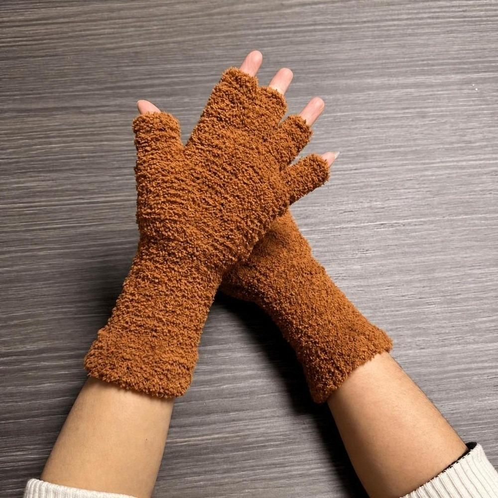 Solid Color Knitted Gloves Coral Fleece Warm Gloves Cozy Half Finger Gloves Unisex