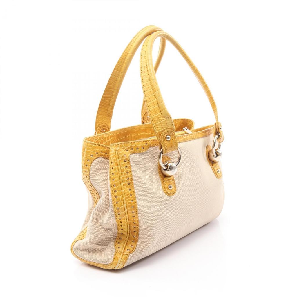 Used CELINE Embossing Shoulder Bag canvas leather Beige Yellow Used Women