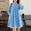 Women Casual Stand Collar 3/4 Sleeve Summer Polka Dot Print Loose Dress
