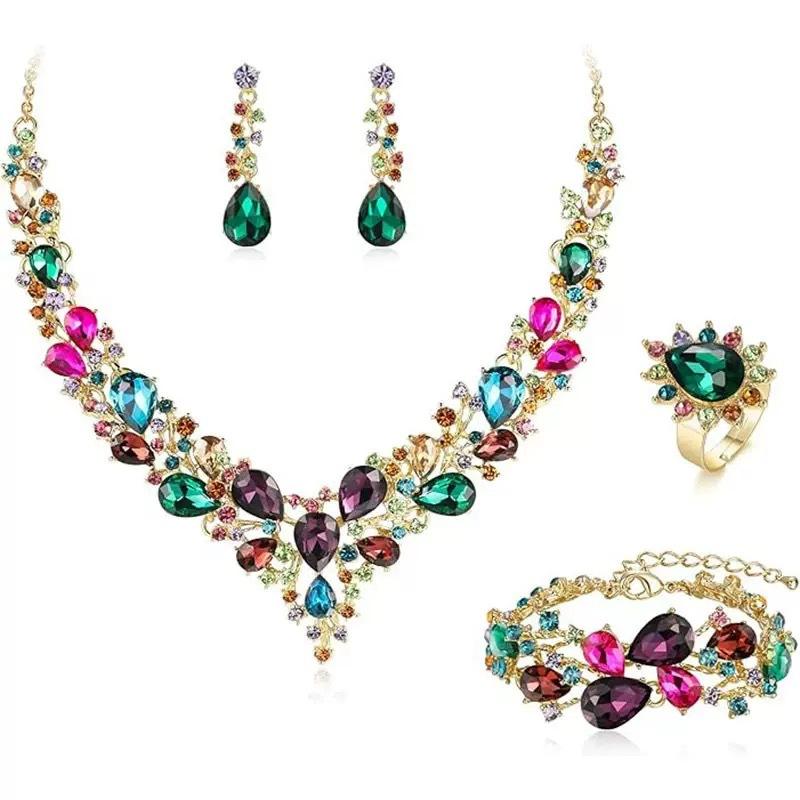 Set Colier Cercei Strass Cristal Mireasă Set Rochie Bal Banchet Doamne Set de Lux Patru Piese
