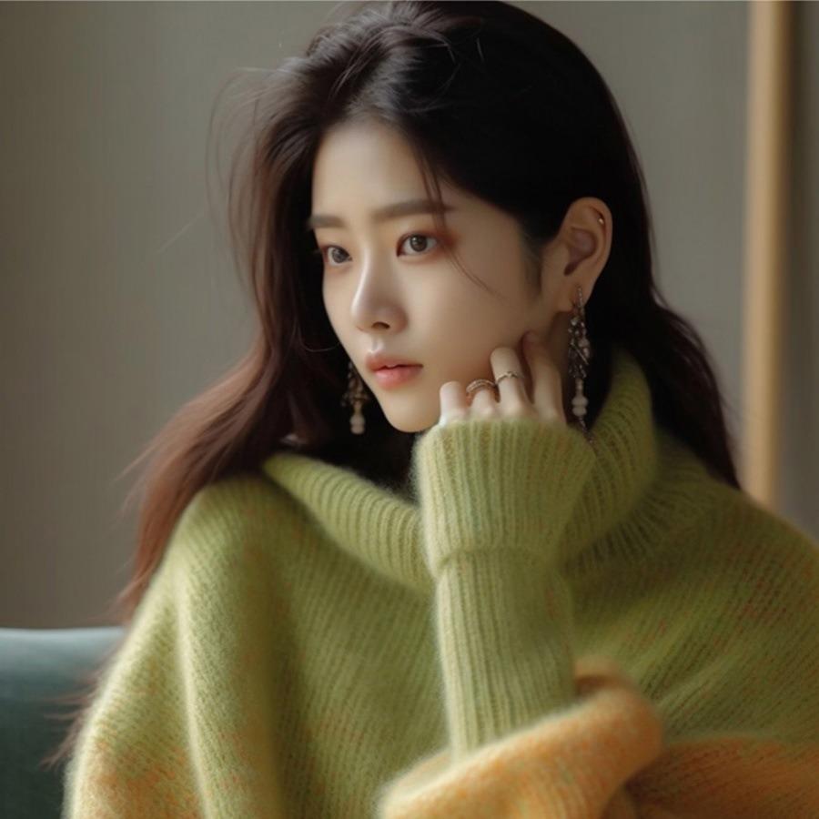 FL232559 Women's Green Turtleneck Sweater: Cozy, Loose Fit Knitwear for Petite Sizes - Perfect for Autumn and Winter.