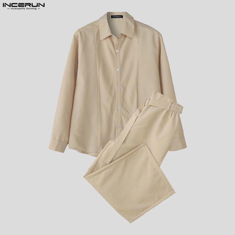INCERUN 2PCS Men Striped Long Sleeve Shirts Long Pants Casual Outfits Sets