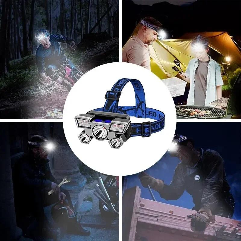 Lampada frontale LED ad alta potenza 5*, Luce super luminosa ricaricabile per pesca e campeggio, Lampada da minatore montata sulla testa a lunga gittata, Torcia elettrica