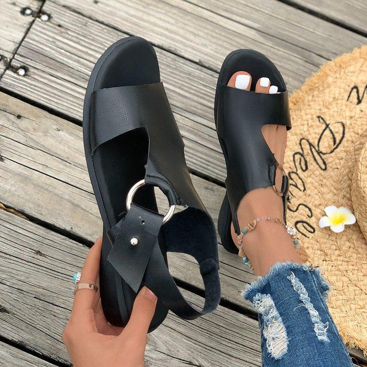 Large size simple ring flat-bottomed fish mouth sandals summer new open-toed beach women's shoes