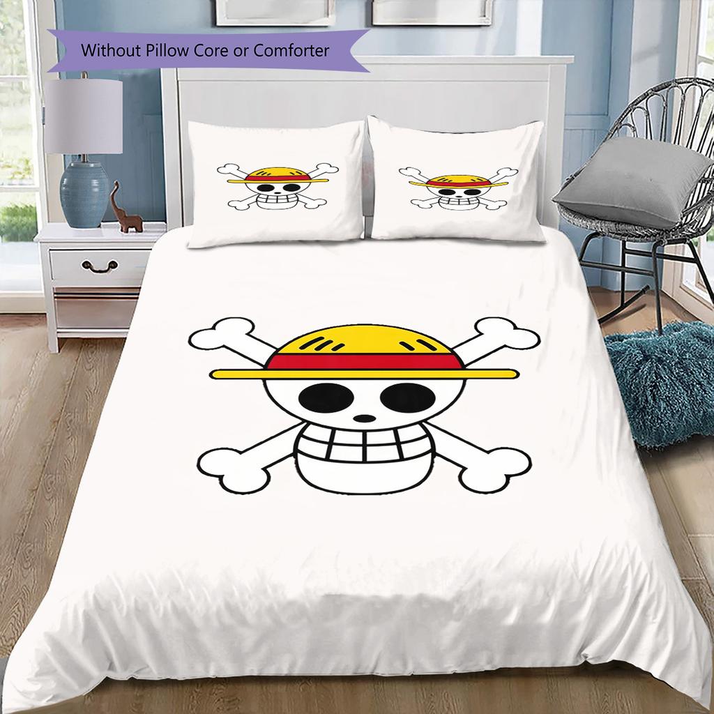 One Piece Straw Hat Pirates Pattern Bedding Quilt Set Quilt Cover Pillowcase Home Birthday Gift(1 * Duvet Cover + 2 * Pillowcase, Without Core)
