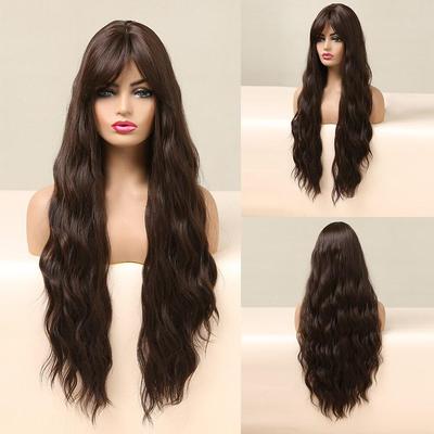 Perruques synthétiques ondulées longues avec frange, perruques de Cosplay noires naturelles brun foncé pour femmes, Afro résistantes à la chaleur