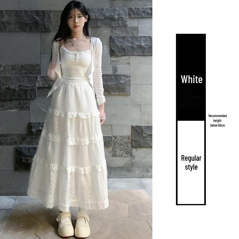 

Женская белая А-силуэтная балетная юбка - Высокая талия, кружевная миди для весны и осени 2025 Small