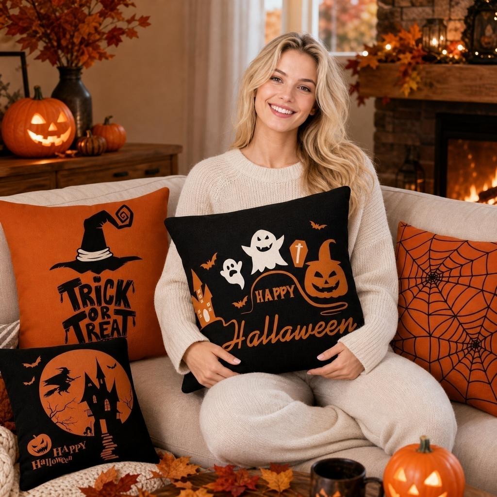4PCS Halloween Pillow Covers Linen Decorative Cushion Covers Halloween Themed Throw Pillow Cases for Home Sofa Bedroom Living Room