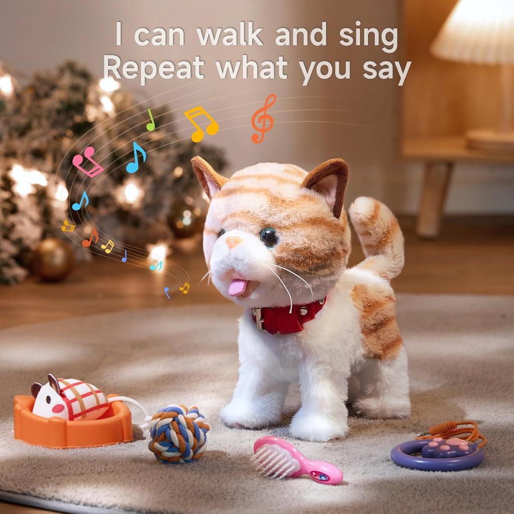 OR OR TU Walking Talking Toy Cat with Remote Control Leash, Plush Pet Electronic Interactive Toys for Kids, Wag Tail, Singing, Pretend Dress Up