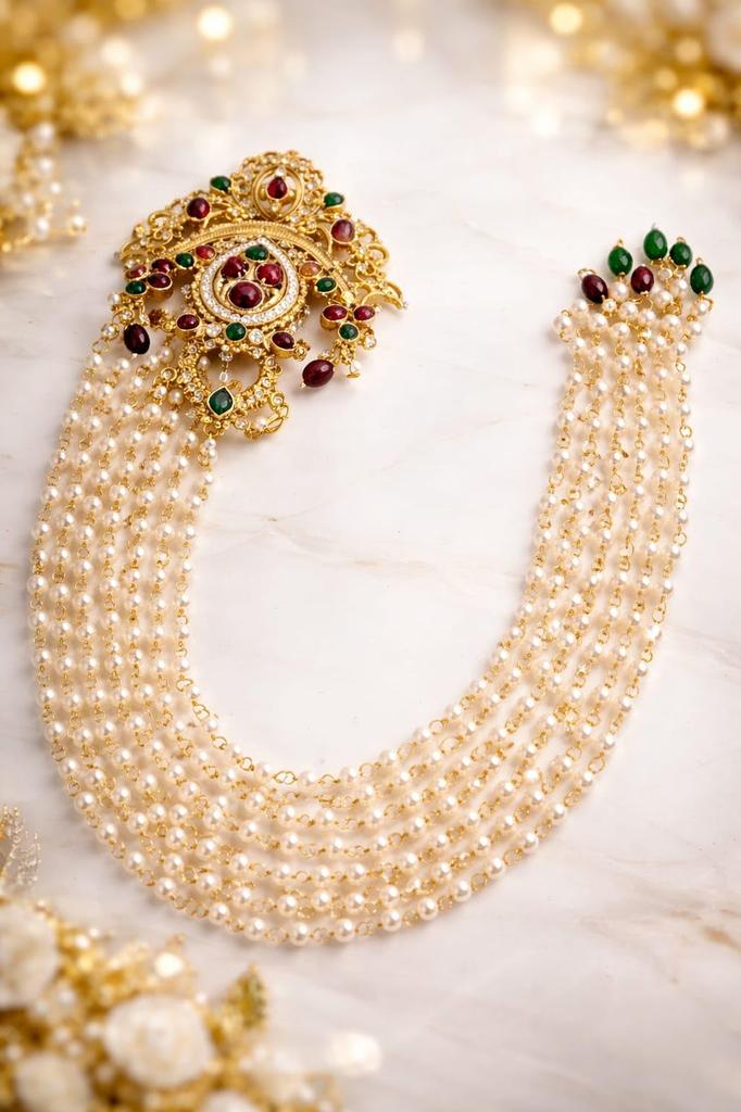 Traditional Gold-Toned Hair Pin with Pearl Tassel Drops, Ruby and Emerald Stone Embellishments, Bridal