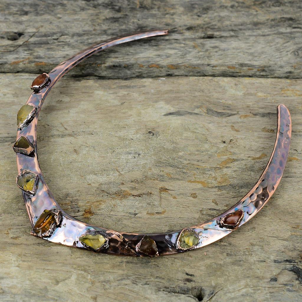 Hessonit Rohkette Elektrogeformte Kupferkette Edelsteinschmuck Verstellbare Halskette Citrin Rohkette Handgefertigter Antiker Schmuck