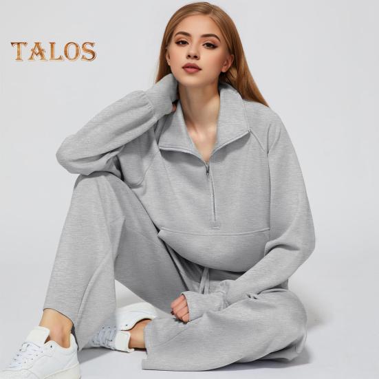 2 ks/sada dámských topů a kalhot, sada s poloviční zipem, odkládacím límcem, dlouhým rukávem, mikinou s elastickým pasem a širokými nohavicemi, sportovním oblečením, podzimním oblečením a volnočasovými aktivitami