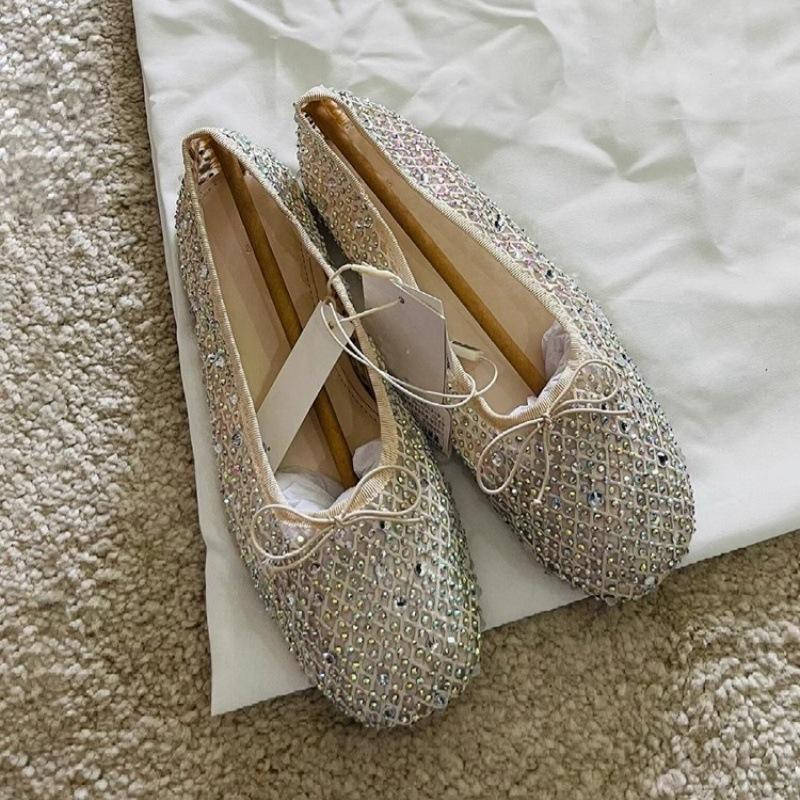 Sheepskin Version~ 2025 New Summer Breathable Rhinestone Mesh Bow Ballet Mary Jane Single Shoes Women's Flat Bottom