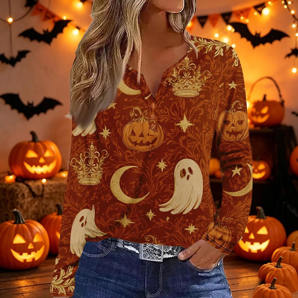 Womens Casual Long Sleeve V Neck Button Down Top Halloween Print Pullover Shirt Lightweight Comfortable Fit
