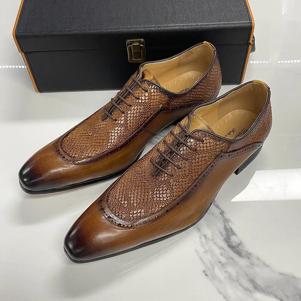 Fashion Men's Genuine Leather Pointed Toe Dress Shoes Lace-Up Formal Business Oxford In Black/Brown Luxury Elegant Footwear