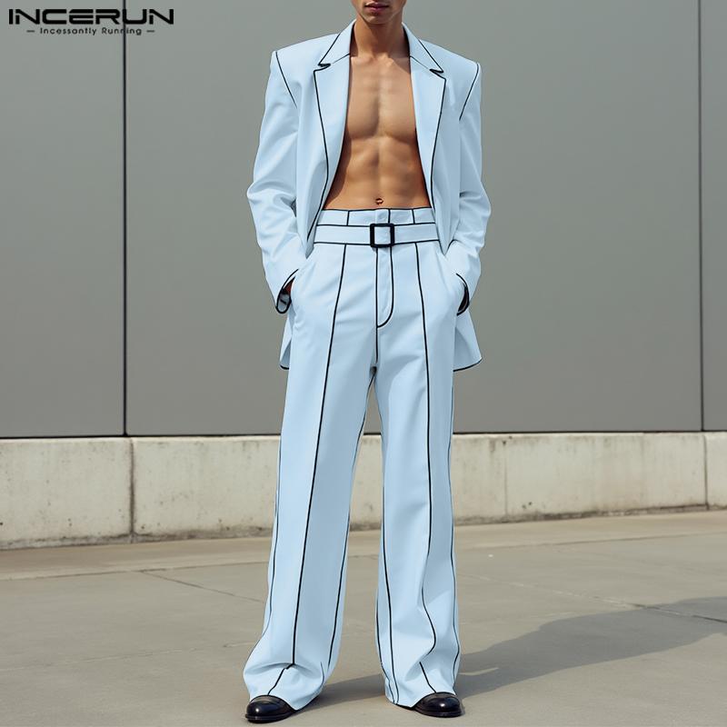 INCERUN Costume de toamnă supradimensionate din două piese pentru bărbați, blazer cu mânecă lungă cu cusături, seturi de pantaloni lungi drepți