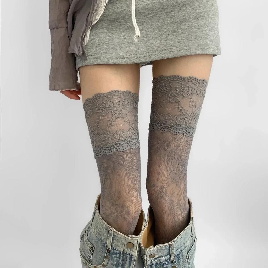 Y2k New Women Flower Lace Fishnet Thigh High Stockings Japanese Style JK Girl Sweet Lace Trim Frilly Over Knee Long Socks