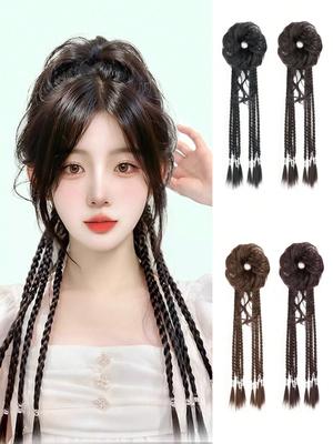 Synthetic Fiber Long Twist Braid Ponytail Extensions With Rubber Band 22 Inch Boxing Braided Hair Extensions With Messy Bun For Women Daily Use