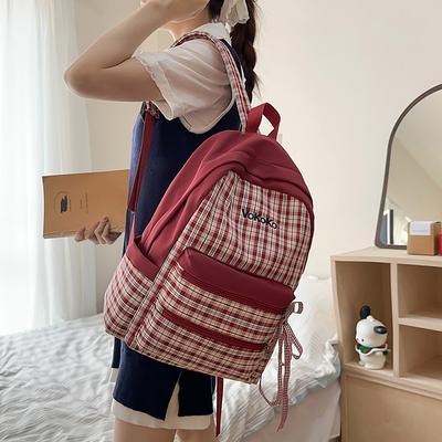 Student Kleur Contrast Ruit Schooltas Dames Reisrugzak Strik Rugzak