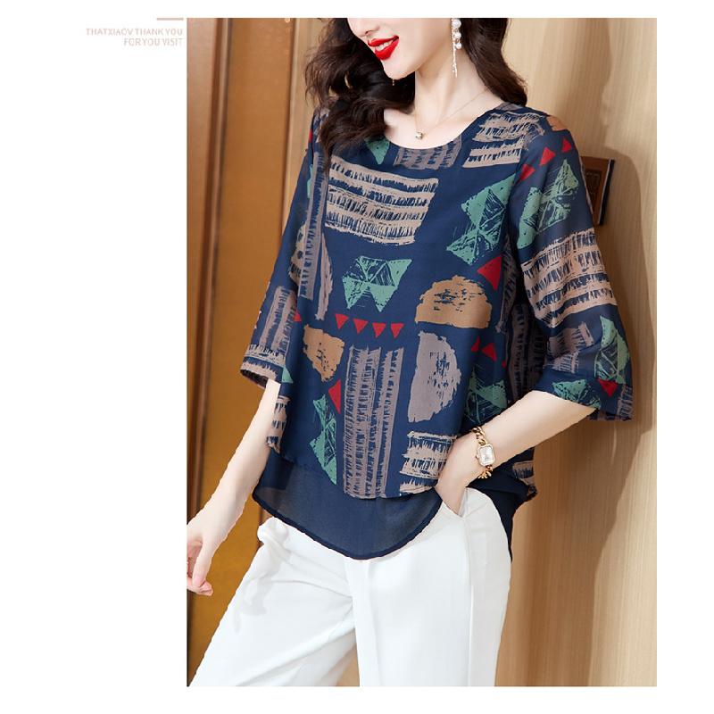 New Fashion Casual Short-sleeve Chiffon Blouse for Women, Summer Loose-fitting Pullover Plus-size Top