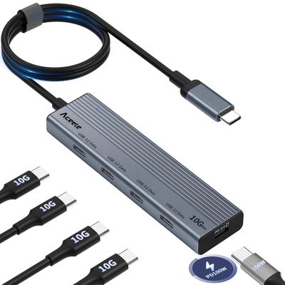 Aceele 10Gbps USB C Hub mit 100W Power Delivery 5 Ports USB Hub Datenports Superschnelle Übertragungsports mit 60cm Kabel für MacBook M2 Samsung nicht