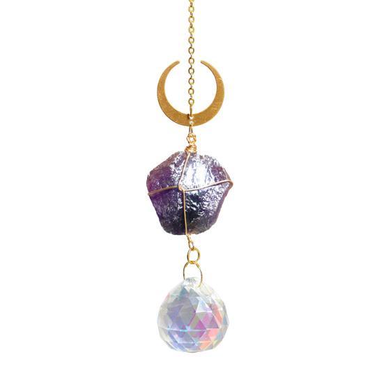 Crystal Sun Catchers for Windows, Colorful Healing Light Crystal Suncatcher, Prism Crystal Hanging Pendant with Chains, Gold-Plated Wind Chimes,