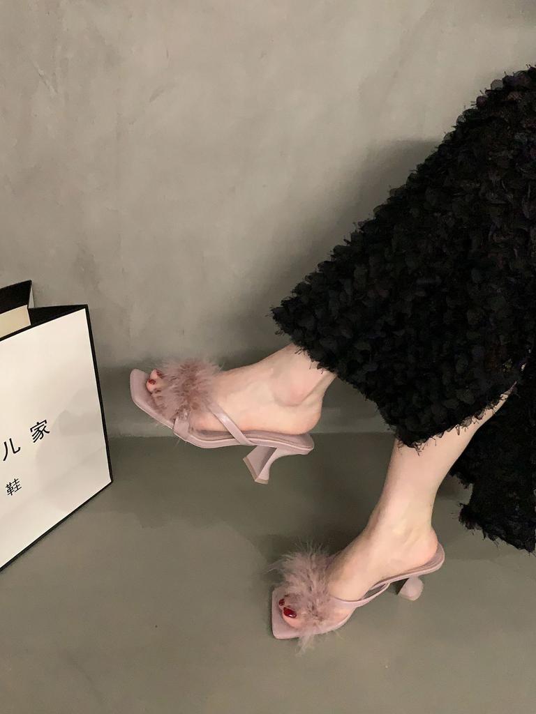 French High Heels Fluffy Slippers Women's Shoes Wear 2025 New Summer Fairy Style Black Sandals