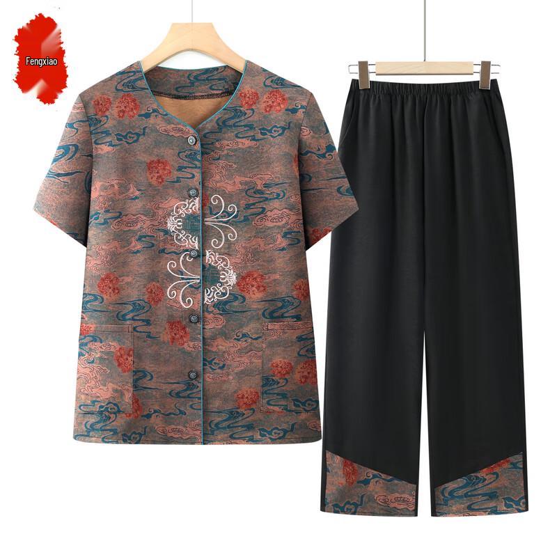 Elderly Women s Floral Summer Shirt & Pants Set 2XL