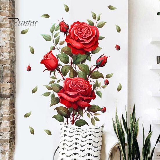 Botanical Wall Decoration for Living Room Red Rose Sticker, Watercolor Floral Peel and Stick Decal Boho Style Art Bedroom, Self-Adhesive Removable