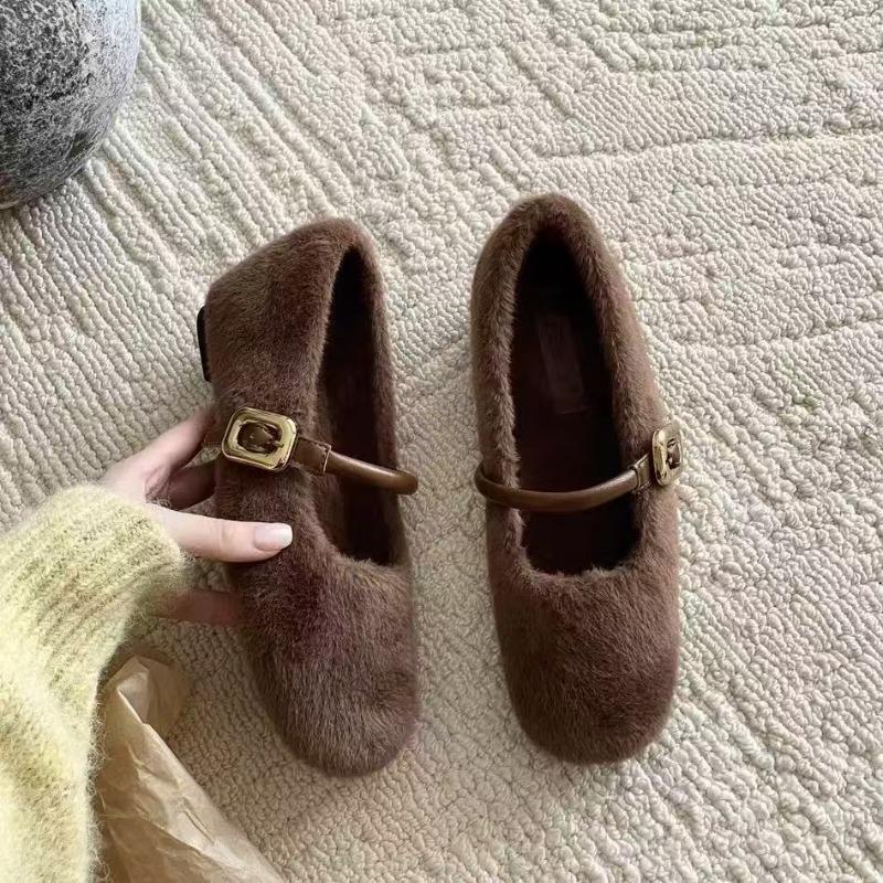 Wool version inner height increase outer wear velvet warm shallow mouth single shoes women's one-word buckle versatile gentle fluffy shoes