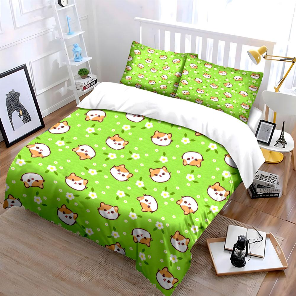 Cartoon Cats and Flowers On Green Background Print Bedding Set 1 Duvet Cover 2 Pillowcases for Adult and Children Luxury Gift