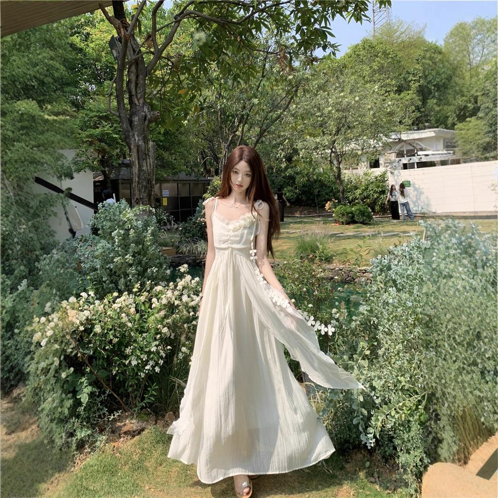 Holiday Style Flower Design Suspender Dress Women's Summer New Waist Thin Very Fairy Long Skirt