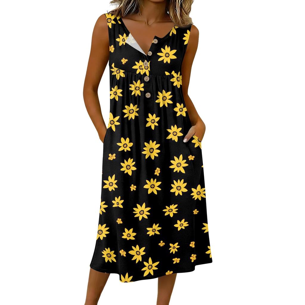 Women's Casual Sleeveless Button-down Mid-length Dress
