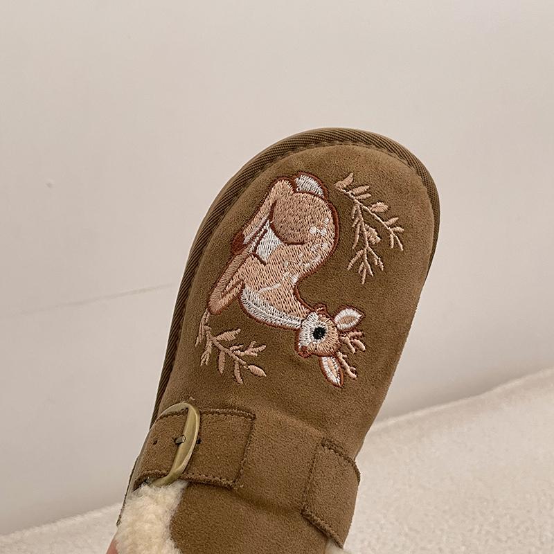 Plush Lined Clog Shoes Women Squirrel Embroidery Buckle Strap Slip On Warm Winter Flats Round Toe